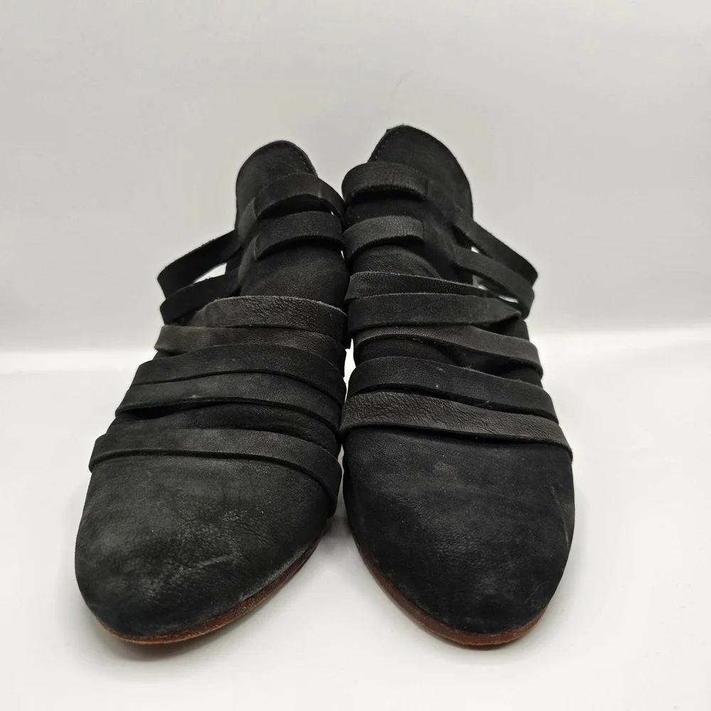 Free People Byron Mules Black Suede Leather Strappy Clog Heels‎ Size 38